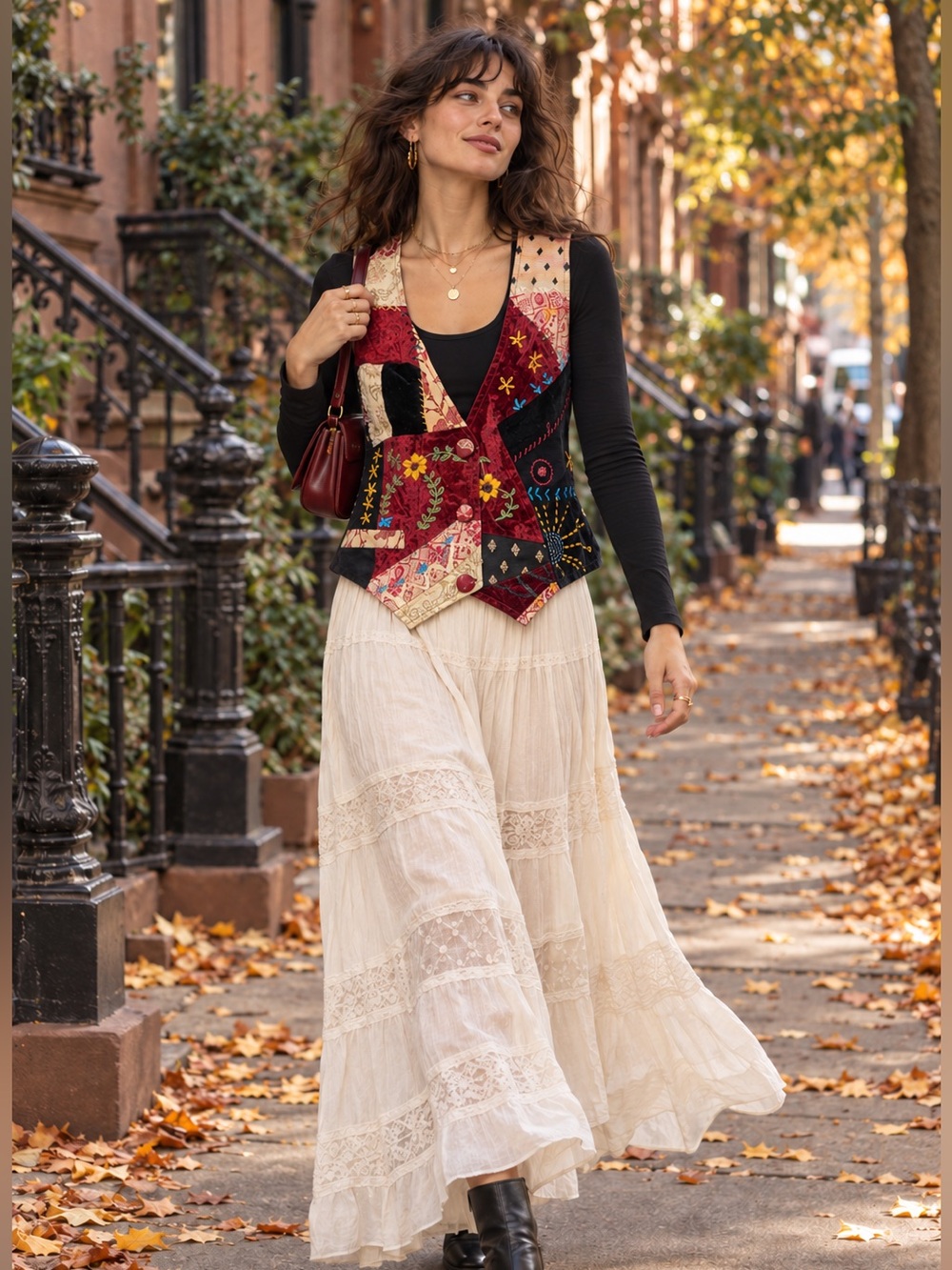 Unique - Ice Fire Embroidered Patchwork Vest M | Whimsy Boho Velvet Textures